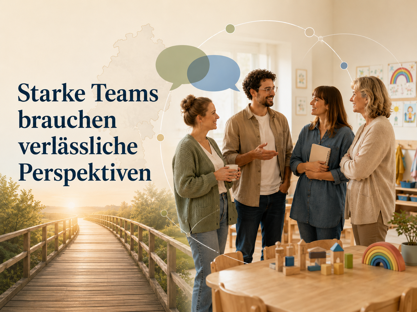 Vier pädagogische Fachkräfte stehen im Gespräch in einer hellen Kita; daneben der Schriftzug „Starke Teams brauchen verlässliche Perspektiven“.